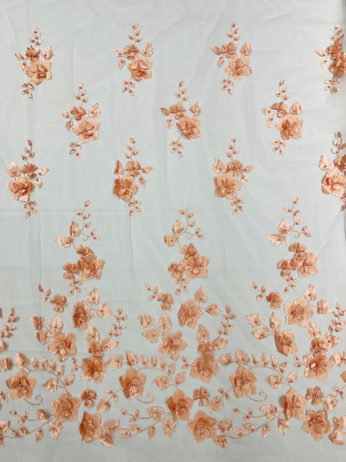 3D Floral Pearl Fabric - Blush Peach - Embroidered Floral Pearl Fabric Single Border On Mesh By Yard