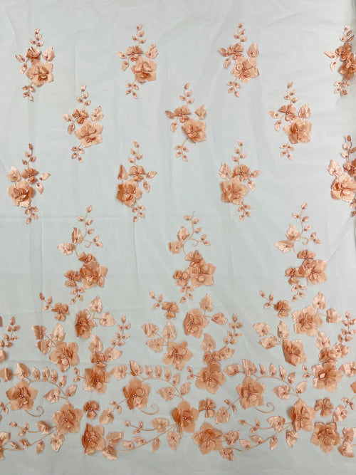 3D Floral Pearl Fabric - Blush Peach - Embroidered Floral Pearl Fabric Single Border On Mesh By Yard