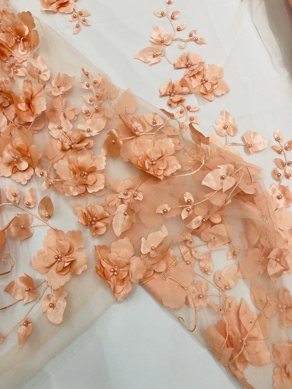 3D Floral Pearl Fabric - Blush Peach - Embroidered Floral Pearl Fabric Single Border On Mesh By Yard