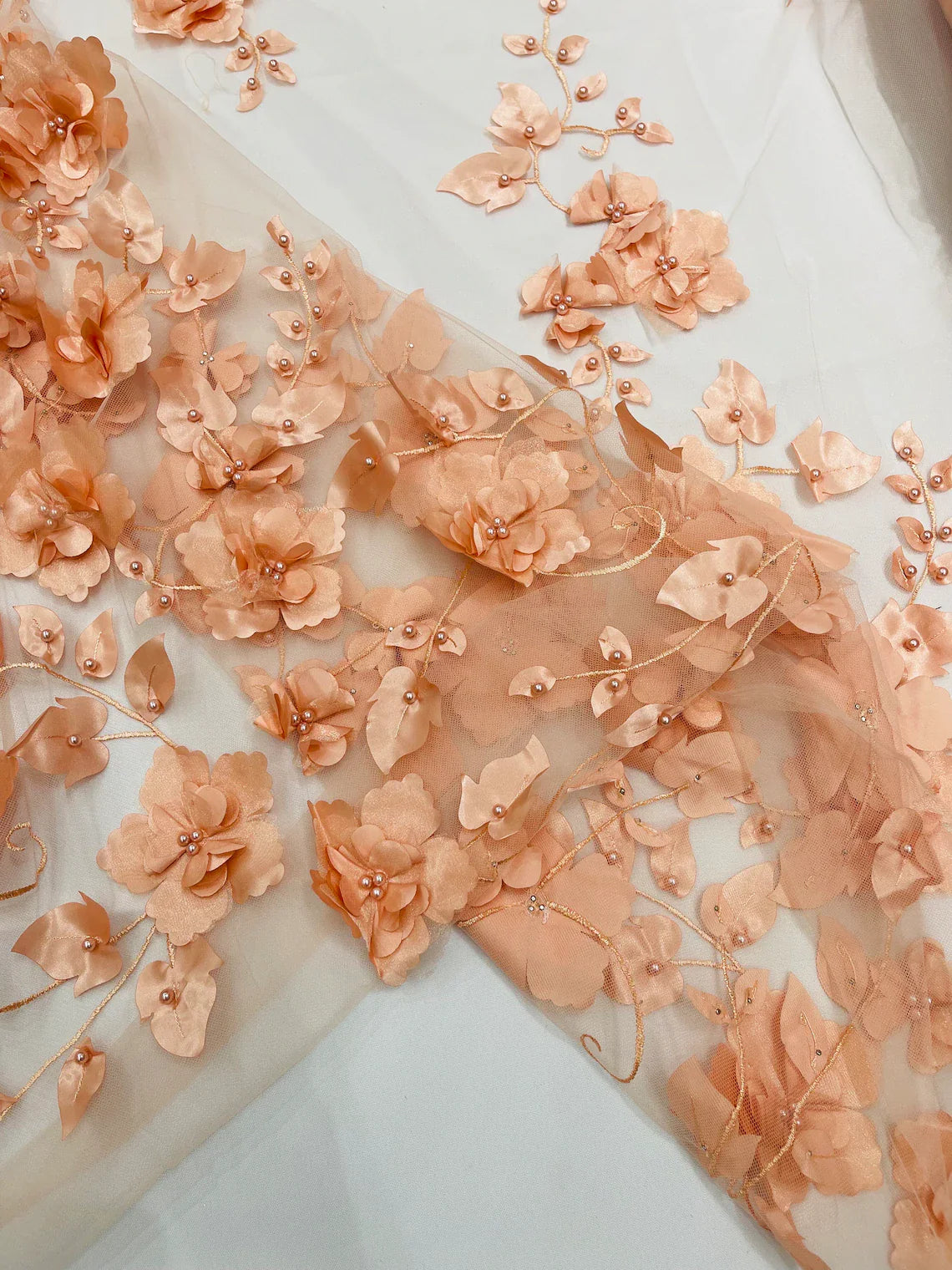 3D Floral Pearl Fabric - Blush Peach - Embroidered Floral Pearl Fabric Single Border On Mesh By Yard