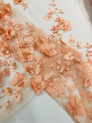 3D Floral Pearl Fabric - Blush Peach - Embroidered Floral Pearl Fabric Single Border On Mesh By Yard