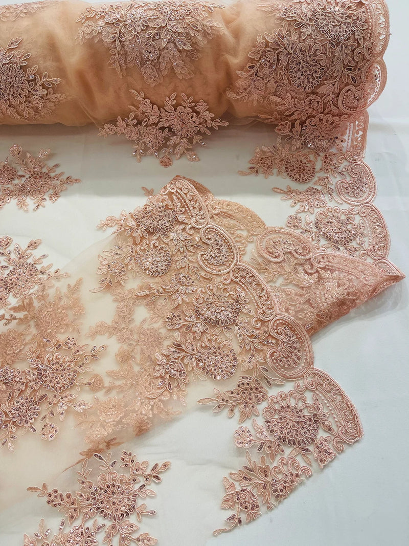 Floral Lace Flower Fabric - Blush Peach - Floral Embroidered Fabric with Sequins on Lace By Yard