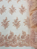 Floral Lace Flower Fabric - Blush Peach - Floral Embroidered Fabric with Sequins on Lace By Yard
