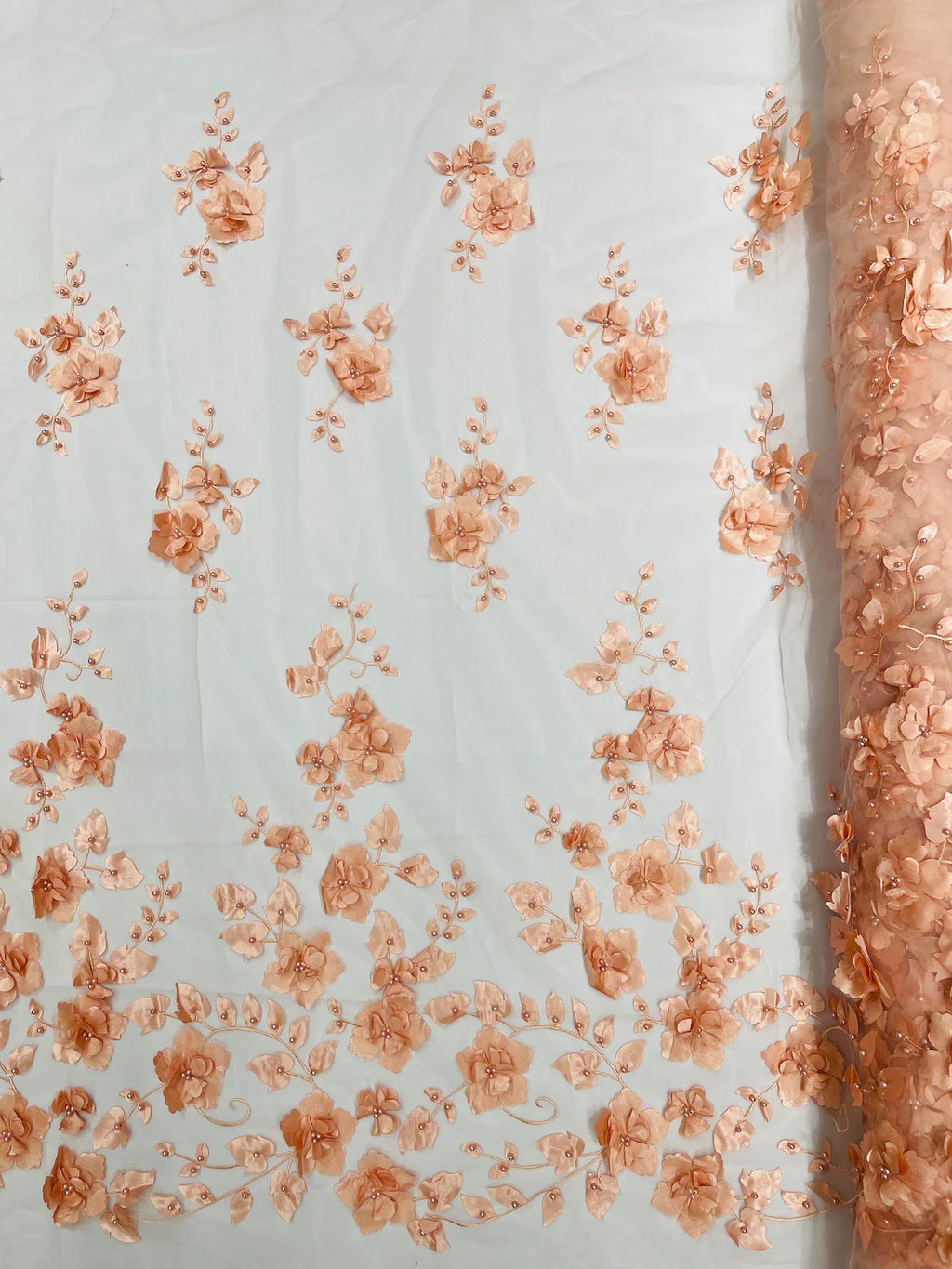 3D Floral Pearl Fabric - Blush Peach - Embroidered Floral Pearl Fabric Single Border On Mesh By Yard