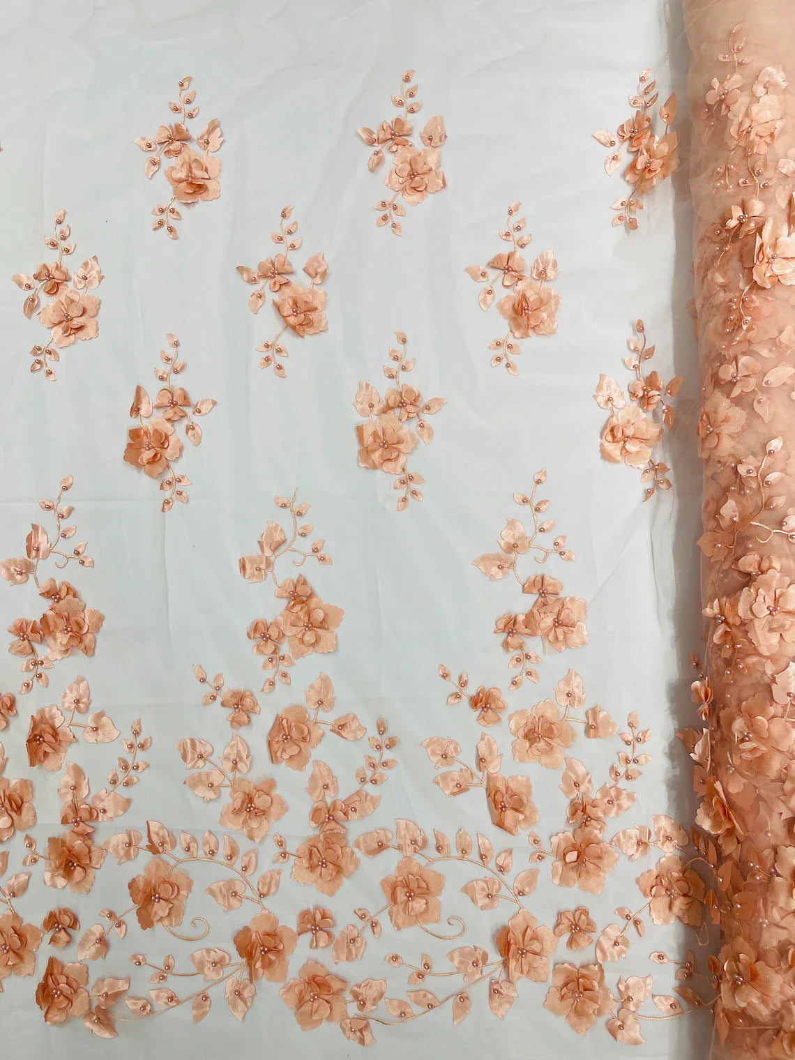 3D Floral Pearl Fabric - Blush Peach - Embroidered Floral Pearl Fabric Single Border On Mesh By Yard