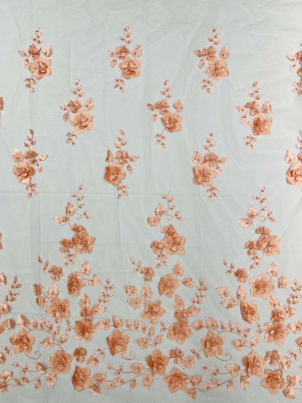 3D Floral Pearl Fabric - Blush Peach - Embroidered Floral Pearl Fabric Single Border On Mesh By Yard