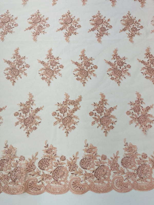 Floral Lace Flower Fabric - Blush Peach - Floral Embroidered Fabric with Sequins on Lace By Yard