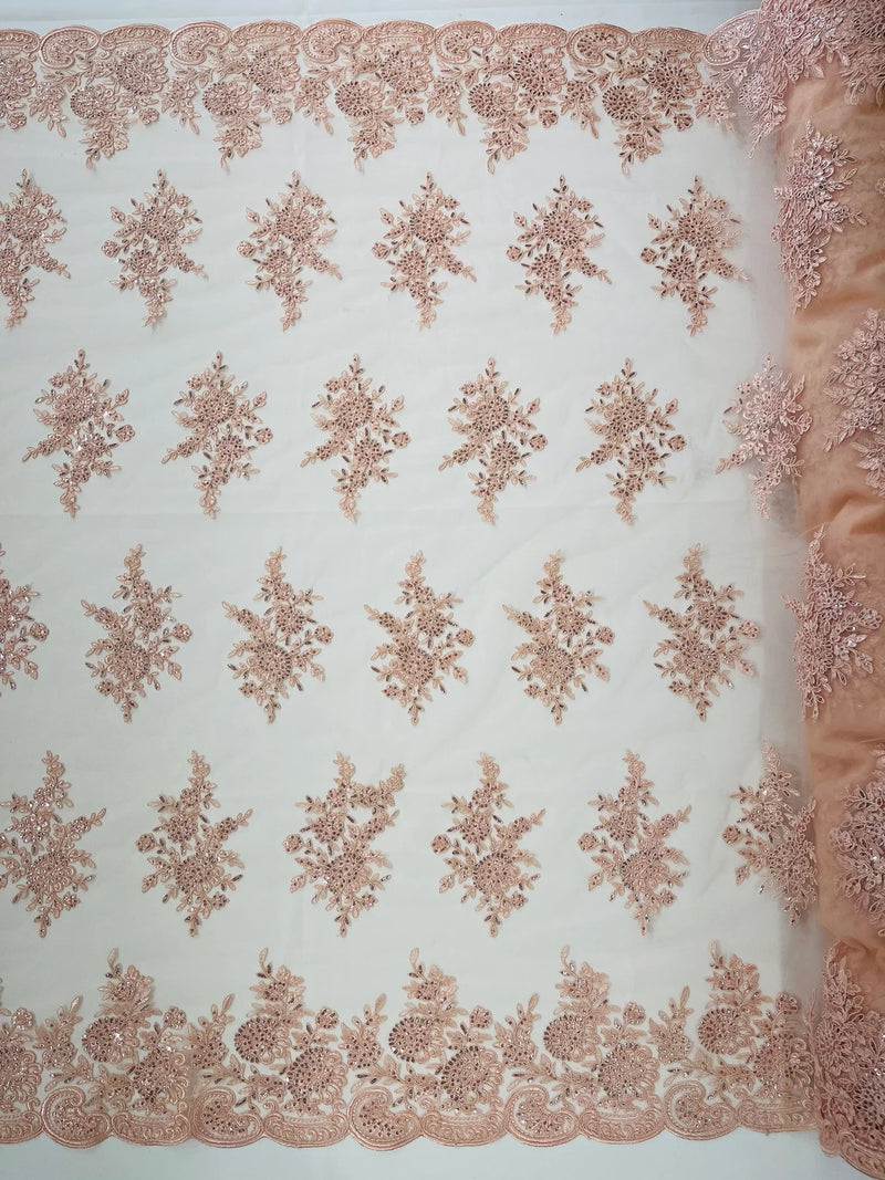 Floral Lace Flower Fabric - Blush Peach - Floral Embroidered Fabric with Sequins on Lace By Yard