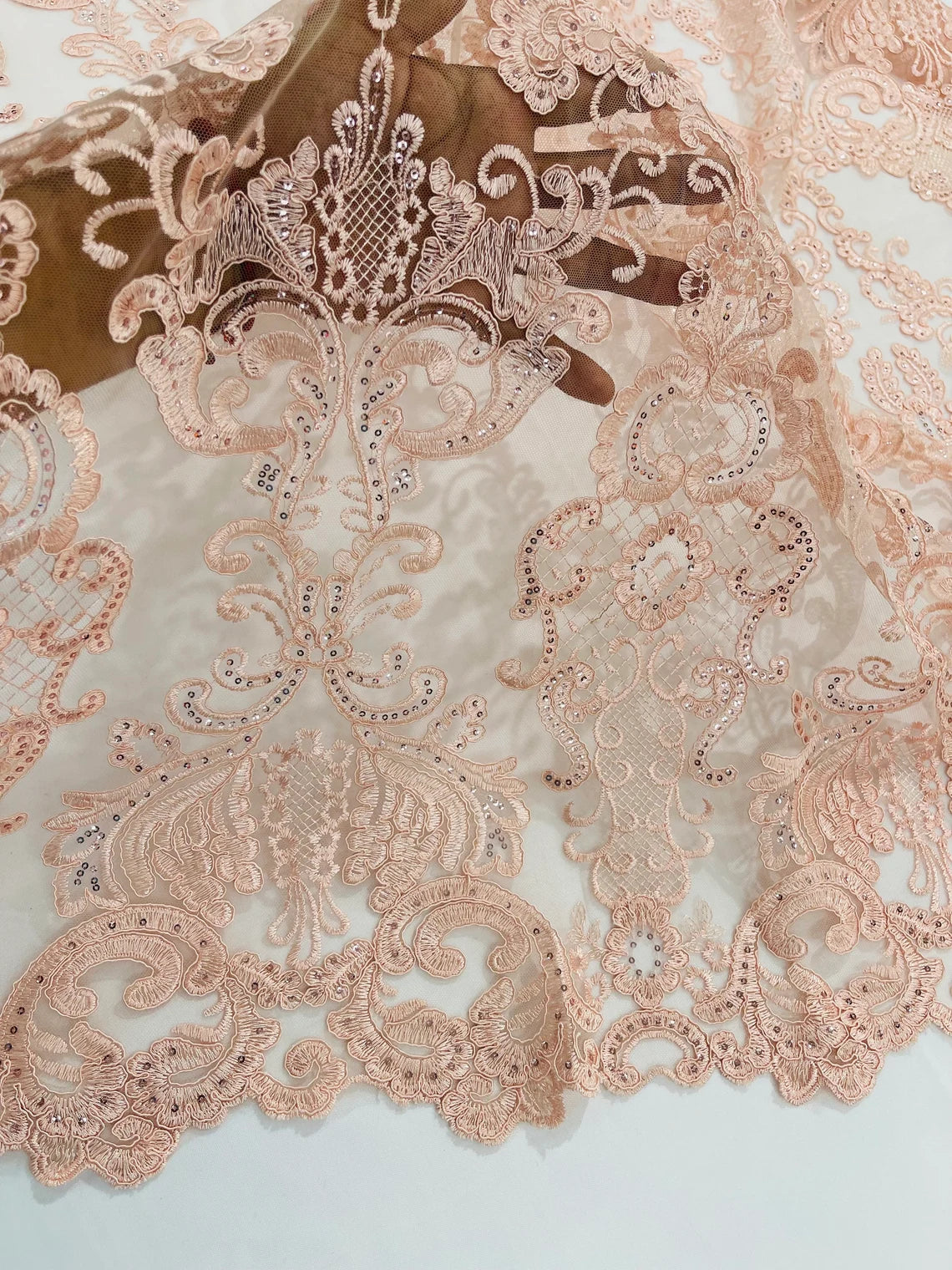 King Lace Pattern Fabric - Blush Pink - Embroidered Sequins on Lace Mesh Fabric By Yard