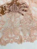 King Lace Pattern Fabric - Blush Pink - Embroidered Sequins on Lace Mesh Fabric By Yard