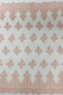 Damask Border Corded Lace - Blush Pink - Floral Cluster Design Damask Border on Lace Fabric Yard