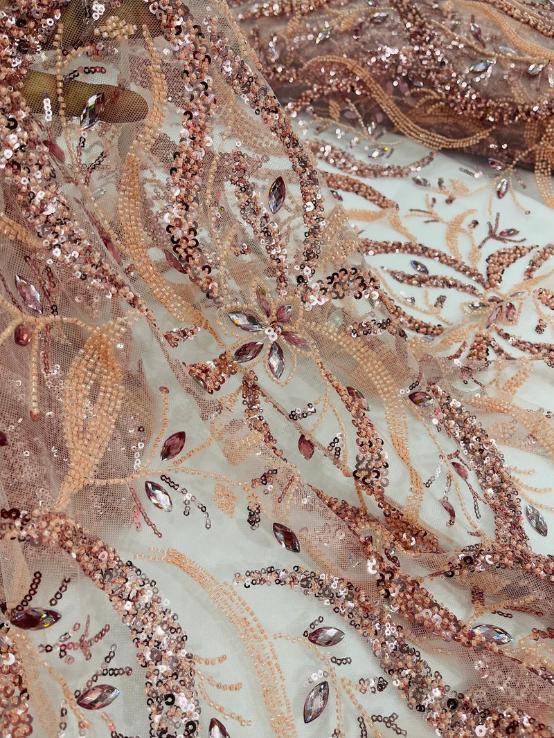 Wavy Leaf / Floral Bead Fabric - Blush Pink - Beaded Rhinestone Embroidered on a Mesh By Yard