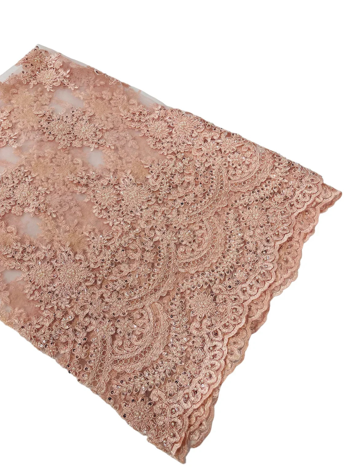 Beaded Flower Cluster Fabric - Blush Pink - Embroidered Beaded Fancy Border Floral Fabric Sold By Yard