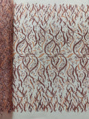 Wavy Leaf / Floral Bead Fabric - Blush Pink - Beaded Rhinestone Embroidered on a Mesh By Yard