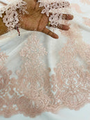Damask Border Corded Lace - Blush Pink - Floral Cluster Design Damask Border on Lace Fabric Yard