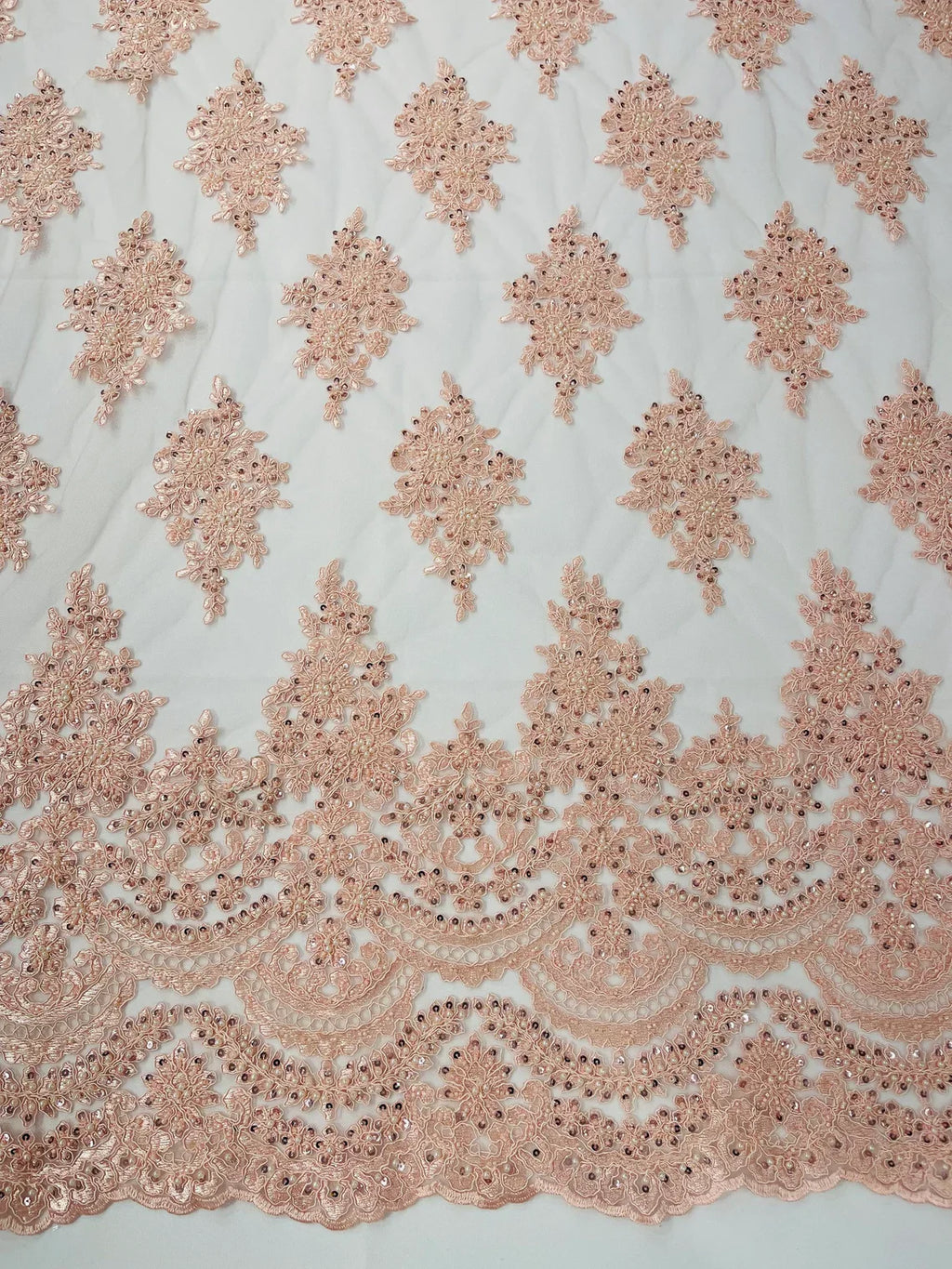 Beaded Flower Cluster Fabric - Blush Pink - Embroidered Beaded Fancy Border Floral Fabric Sold By Yard