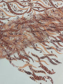 Wavy Leaf / Floral Bead Fabric - Blush Pink - Beaded Rhinestone Embroidered on a Mesh By Yard