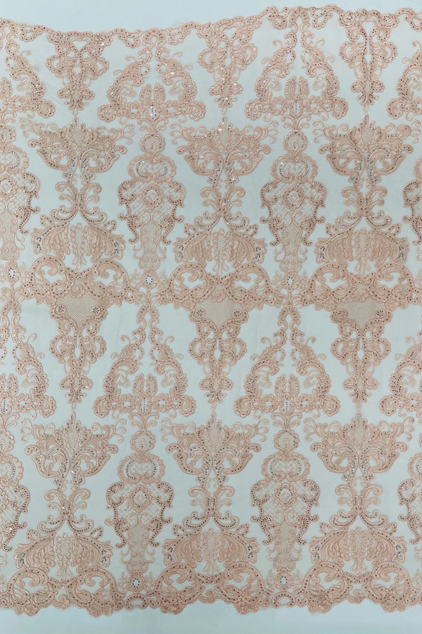 King Lace Pattern Fabric - Blush Pink - Embroidered Sequins on Lace Mesh Fabric By Yard