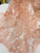 King Lace Pattern Fabric - Blush Pink - Embroidered Sequins on Lace Mesh Fabric By Yard