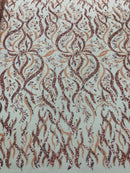 Wavy Leaf / Floral Bead Fabric - Blush Pink - Beaded Rhinestone Embroidered on a Mesh By Yard