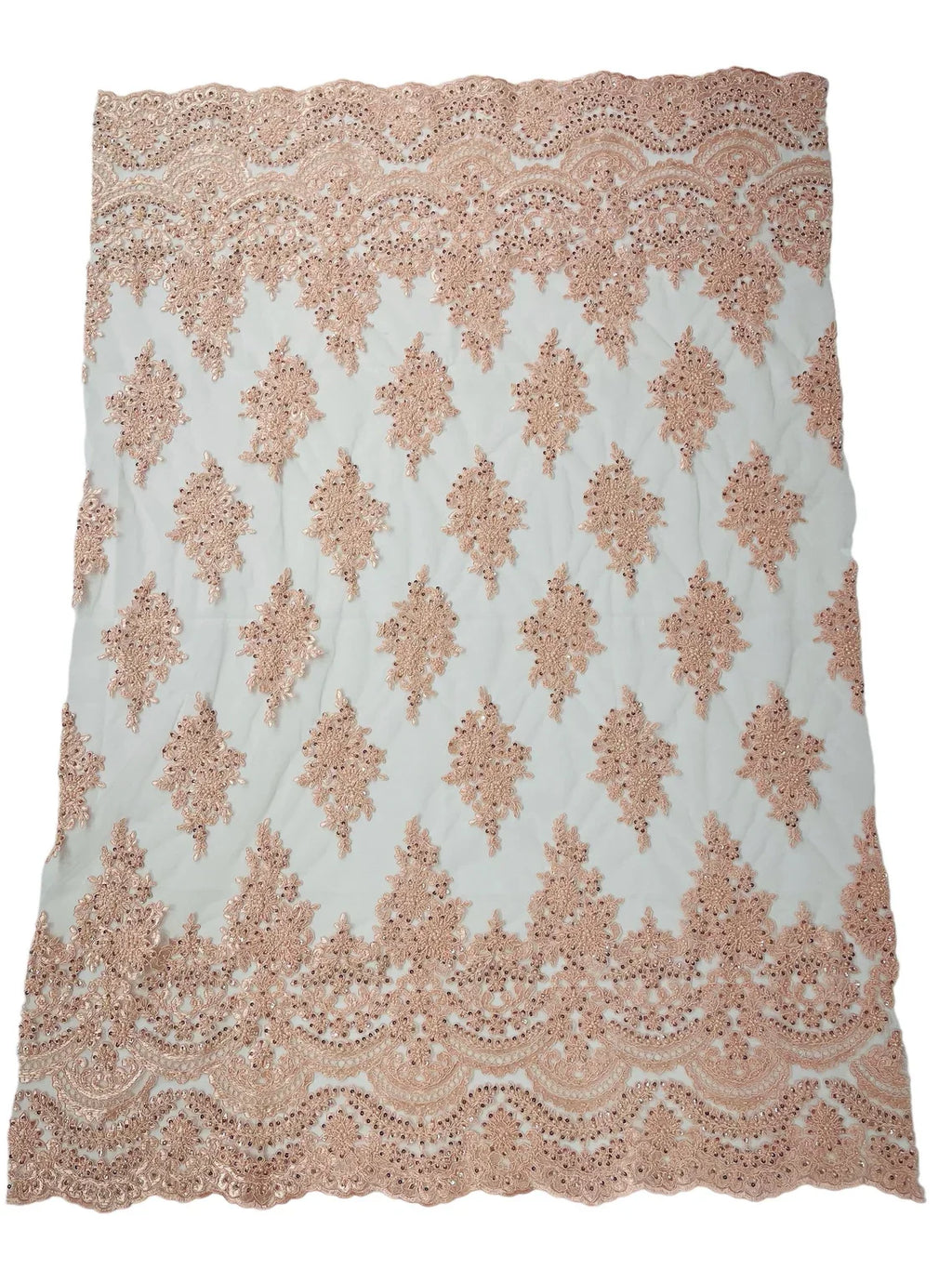 Beaded Flower Cluster Fabric - Blush Pink - Embroidered Beaded Fancy Border Floral Fabric Sold By Yard