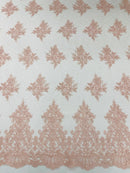 Damask Border Corded Lace - Blush Pink - Floral Cluster Design Damask Border on Lace Fabric Yard
