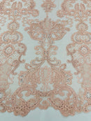 King Lace Pattern Fabric - Blush Pink - Embroidered Sequins on Lace Mesh Fabric By Yard