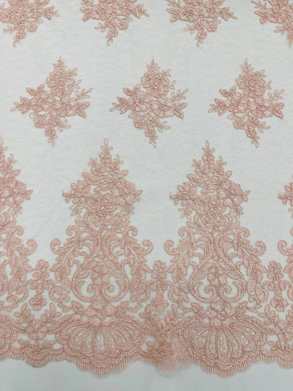 Damask Border Corded Lace - Blush Pink - Floral Cluster Design Damask Border on Lace Fabric Yard