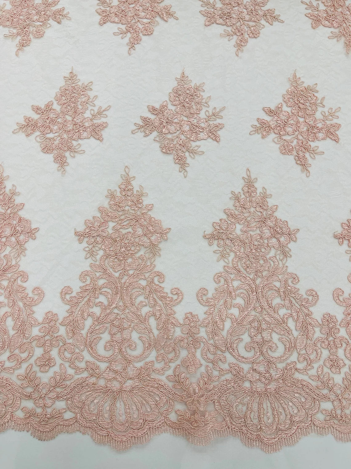 Damask Border Corded Lace - Blush Pink - Floral Cluster Design Damask Border on Lace Fabric Yard
