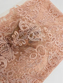 King Lace Pattern Fabric - Blush Pink - Embroidered Sequins on Lace Mesh Fabric By Yard