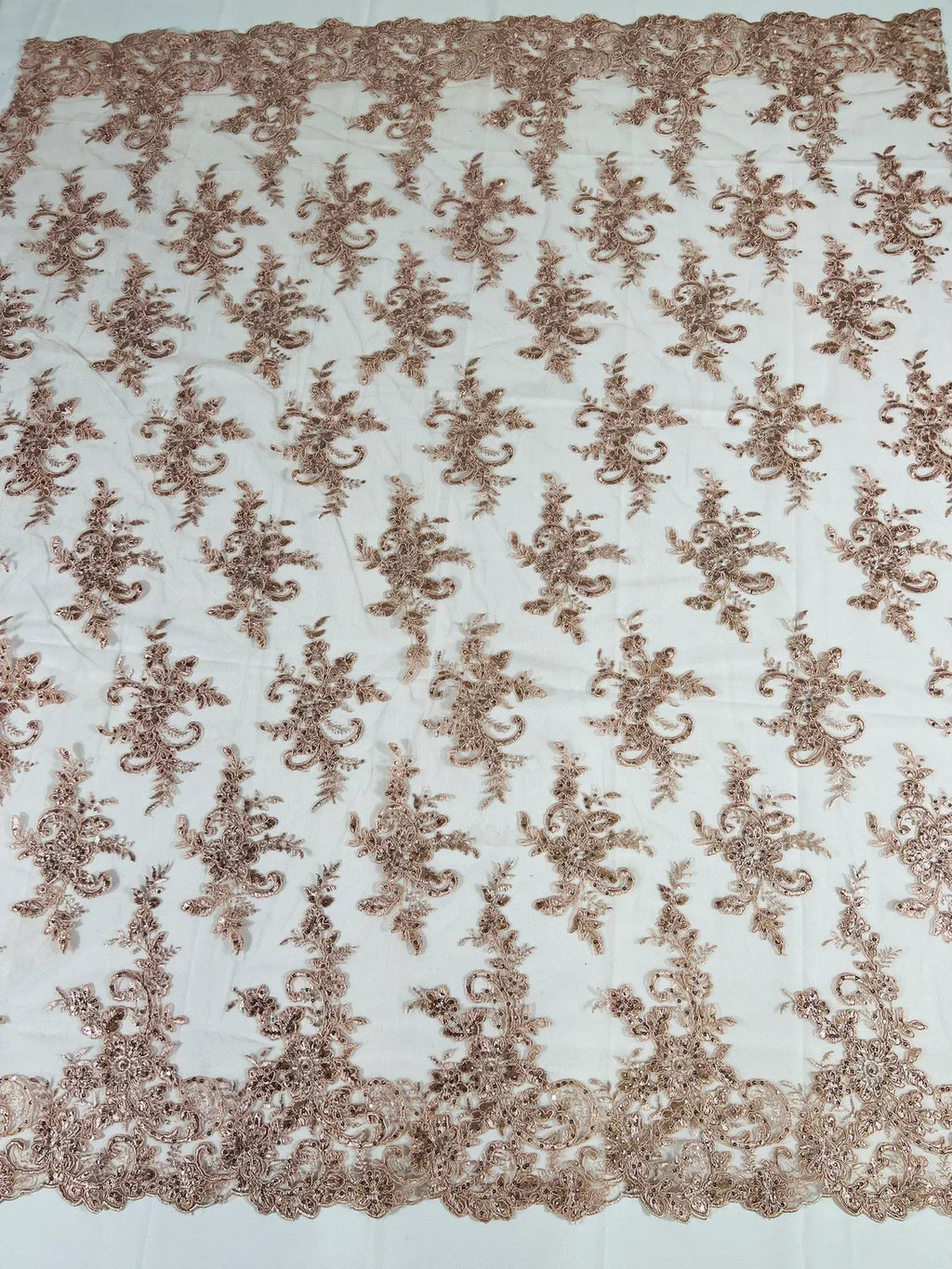Lace Flower Cluster Fabric - Blush - Embroidered Flower With Sequins on a Mesh Lace Fabric By Yard