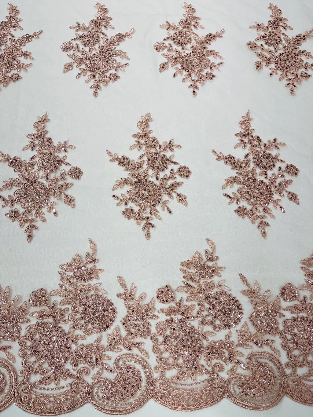 Floral Lace Flower Fabric - Blush Peach - Floral Embroidered Fabric with Sequins on Lace By Yard