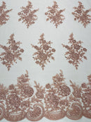 Floral Lace Flower Fabric - Blush Peach - Floral Embroidered Fabric with Sequins on Lace By Yard