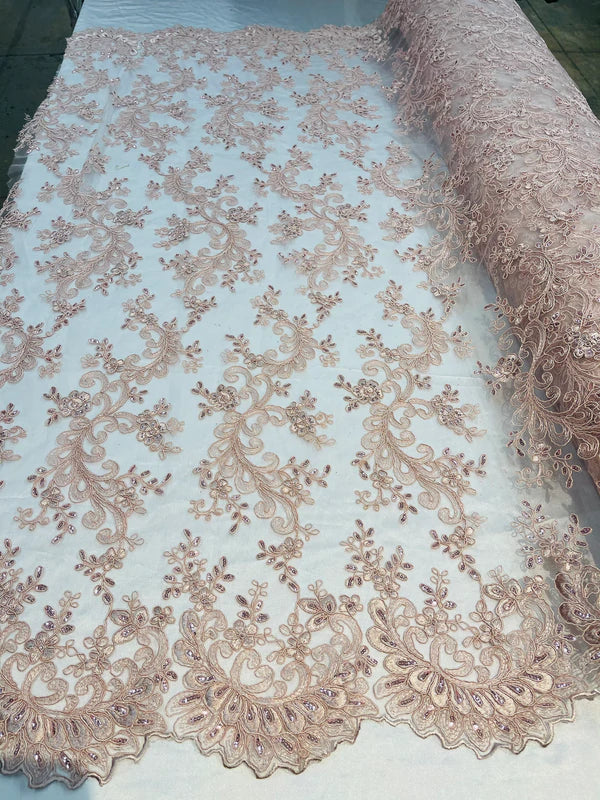 Lace Sequins Fabric - Corded Flower Embroidery Design Mesh Fabric - 25 Yard Roll