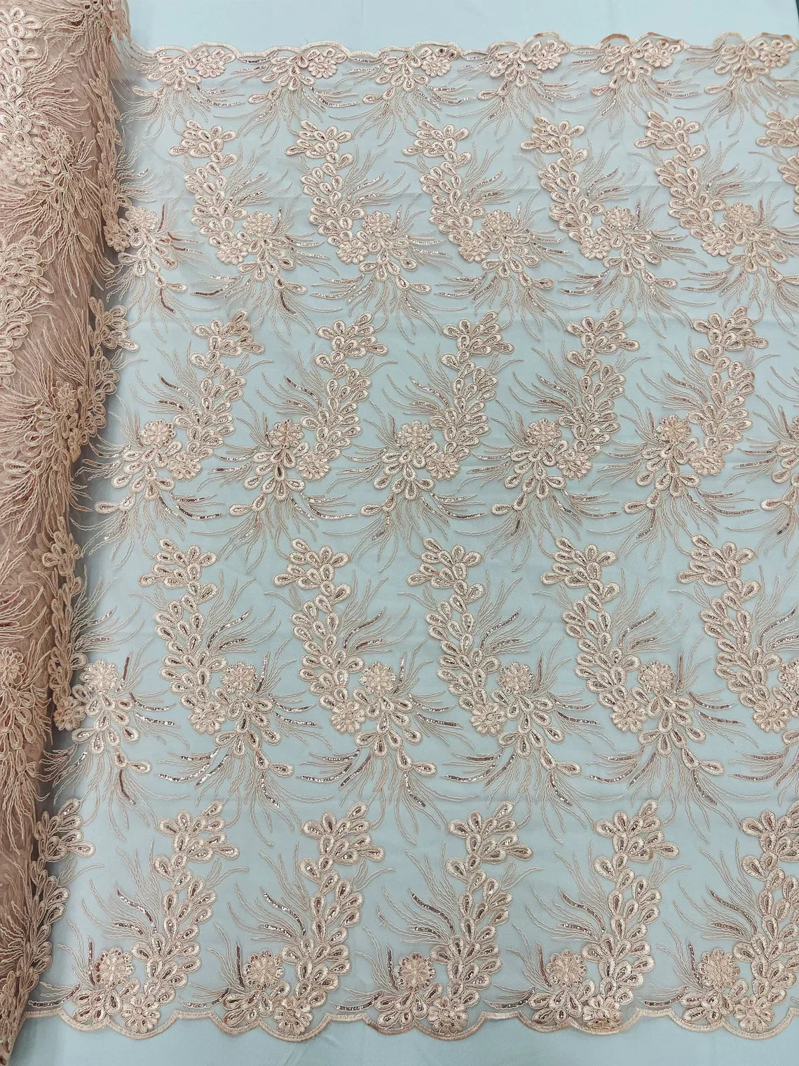 Floral Plant Cluster Fabric - Blush - Embroidered High Quality Lace Fabric Sold by Yard
