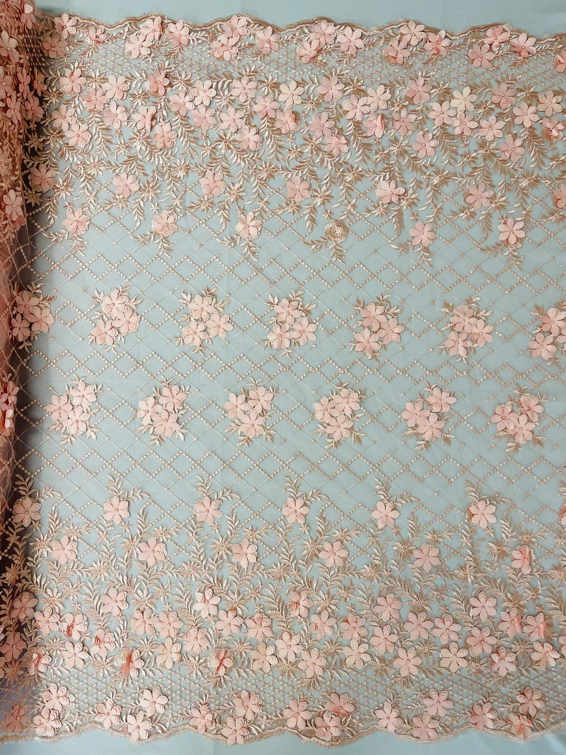 3D Floral Pearl Fabric - Blush - 3D Triangle Flower Design on Mesh By Yard