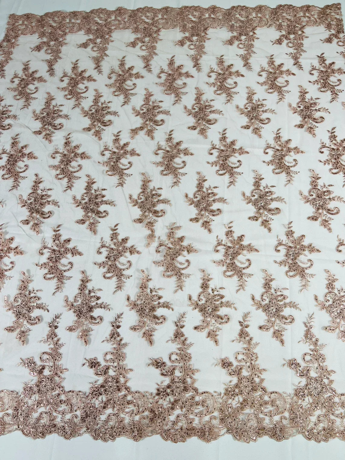 Lace Flower Cluster Fabric - Embroidered Flower With Sequins on a Mesh Lace Fabric - 25 Yard Roll