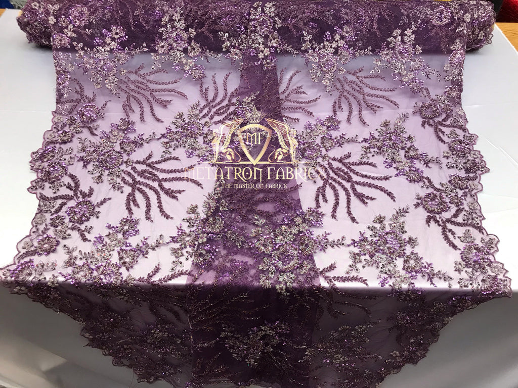 Beaded - Lilac Purple - Fancy Flower Design Sequins Fabric with Beads Sold By The Yard