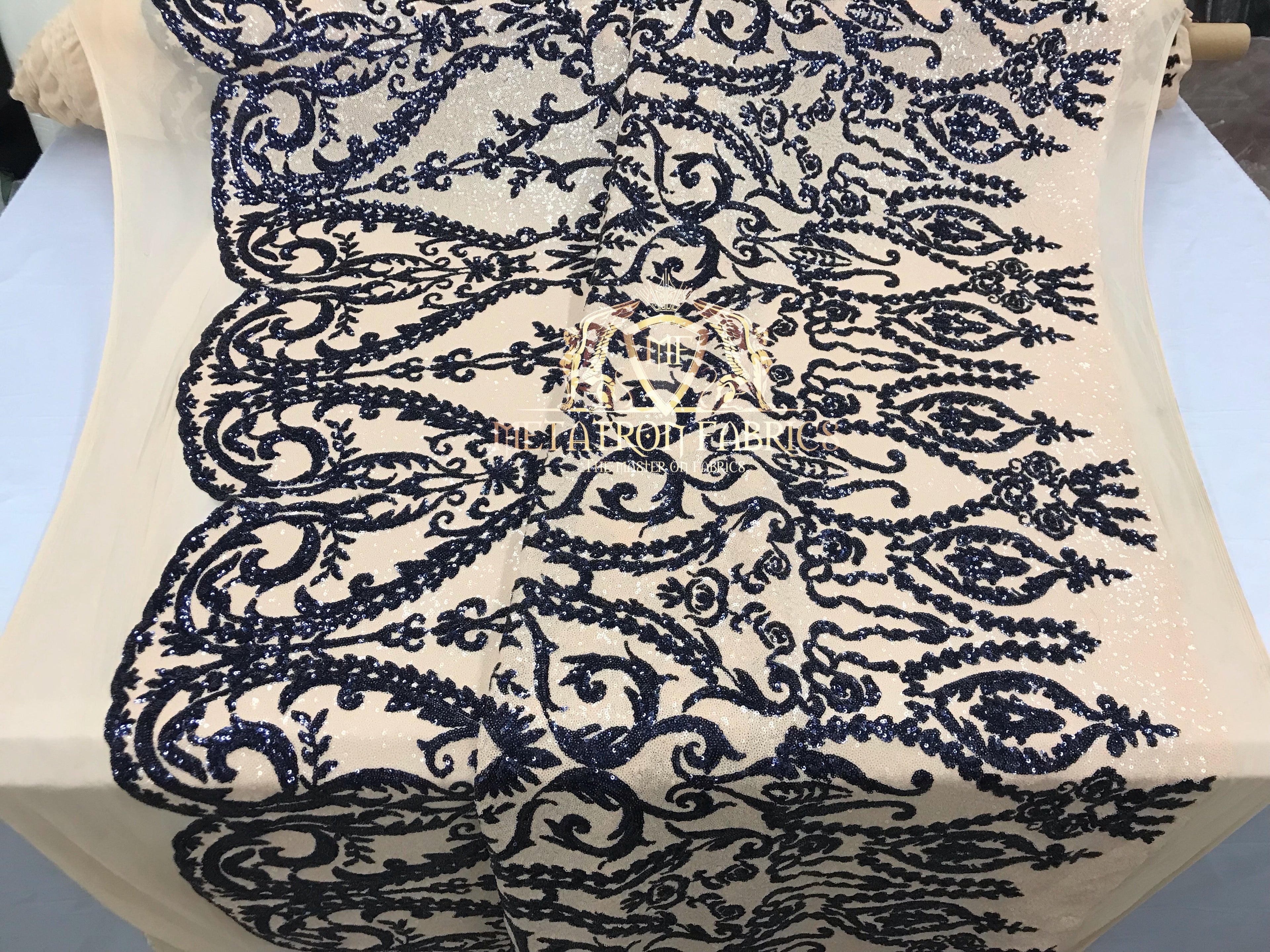 Two Tone Sequins - Navy / Nude - 4 Way Stretch Fancy Design Mesh Fabric Sold By The Yard