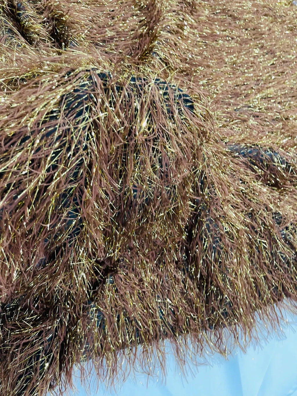 Metallic Eyelash Fabric - Brown / Gold - Feather/Eyelash/Fringe Design on Mesh By Yard
