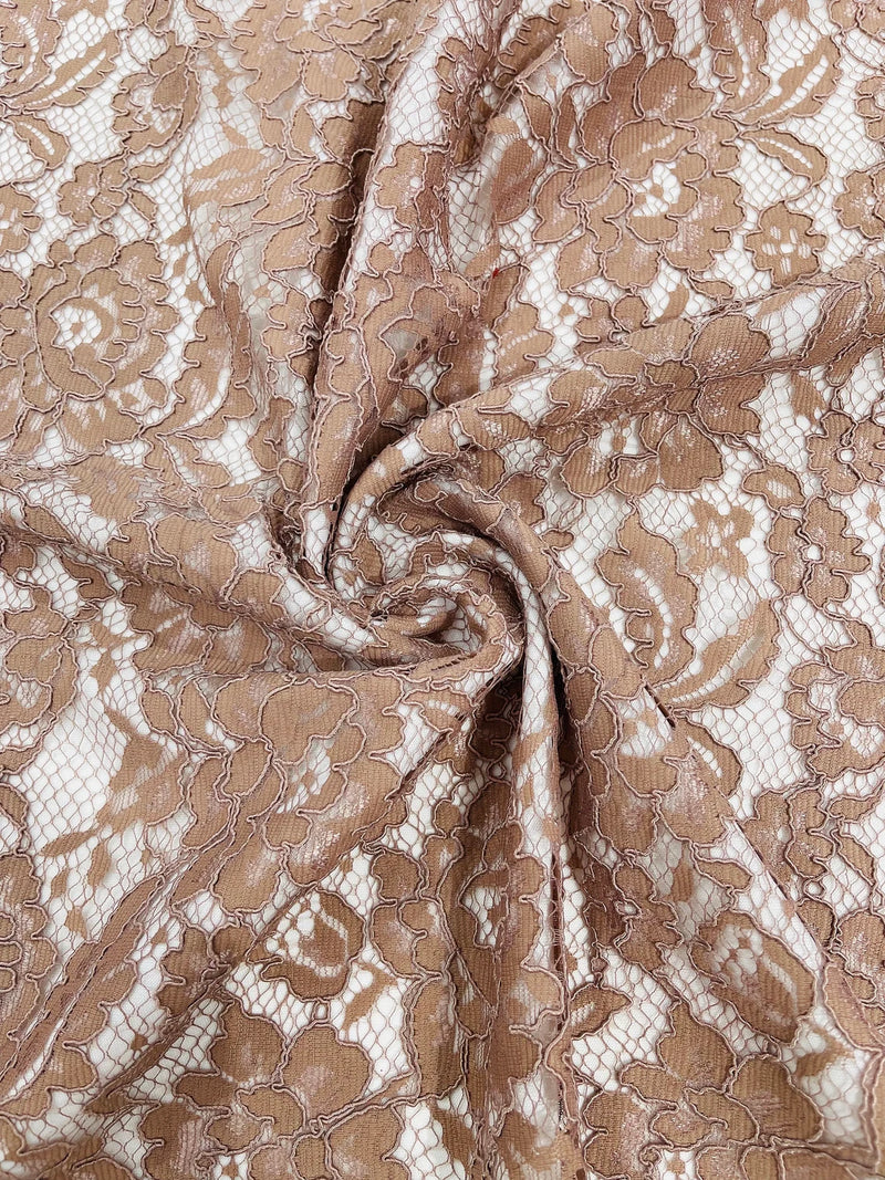 Corded Lace Fabric - Brown - Embroidered Flower Design Lace Fabric Sol