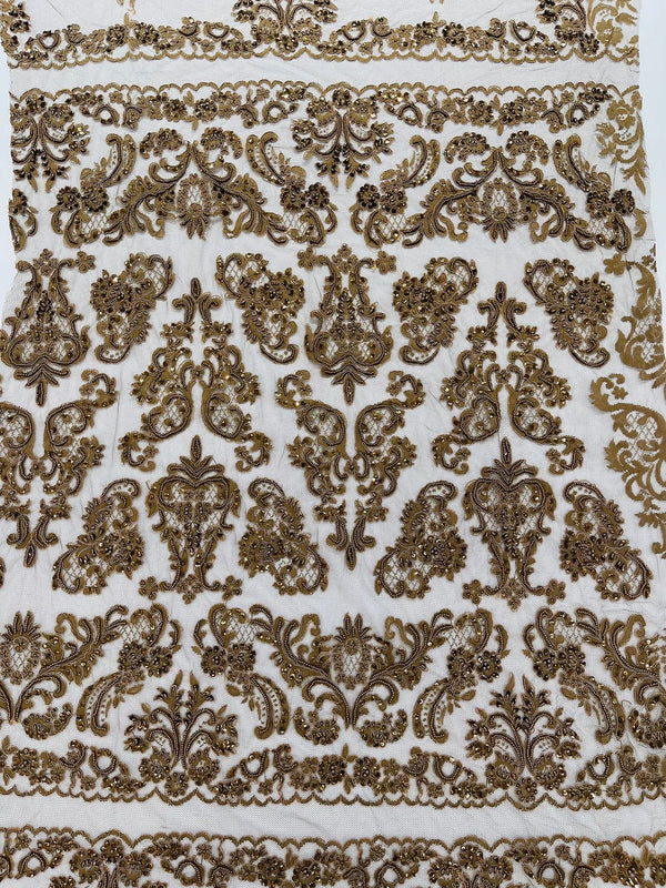 Beaded My Lady Damask Design - Brown - Beaded Fancy Damask Embroidered Fabric By Yard