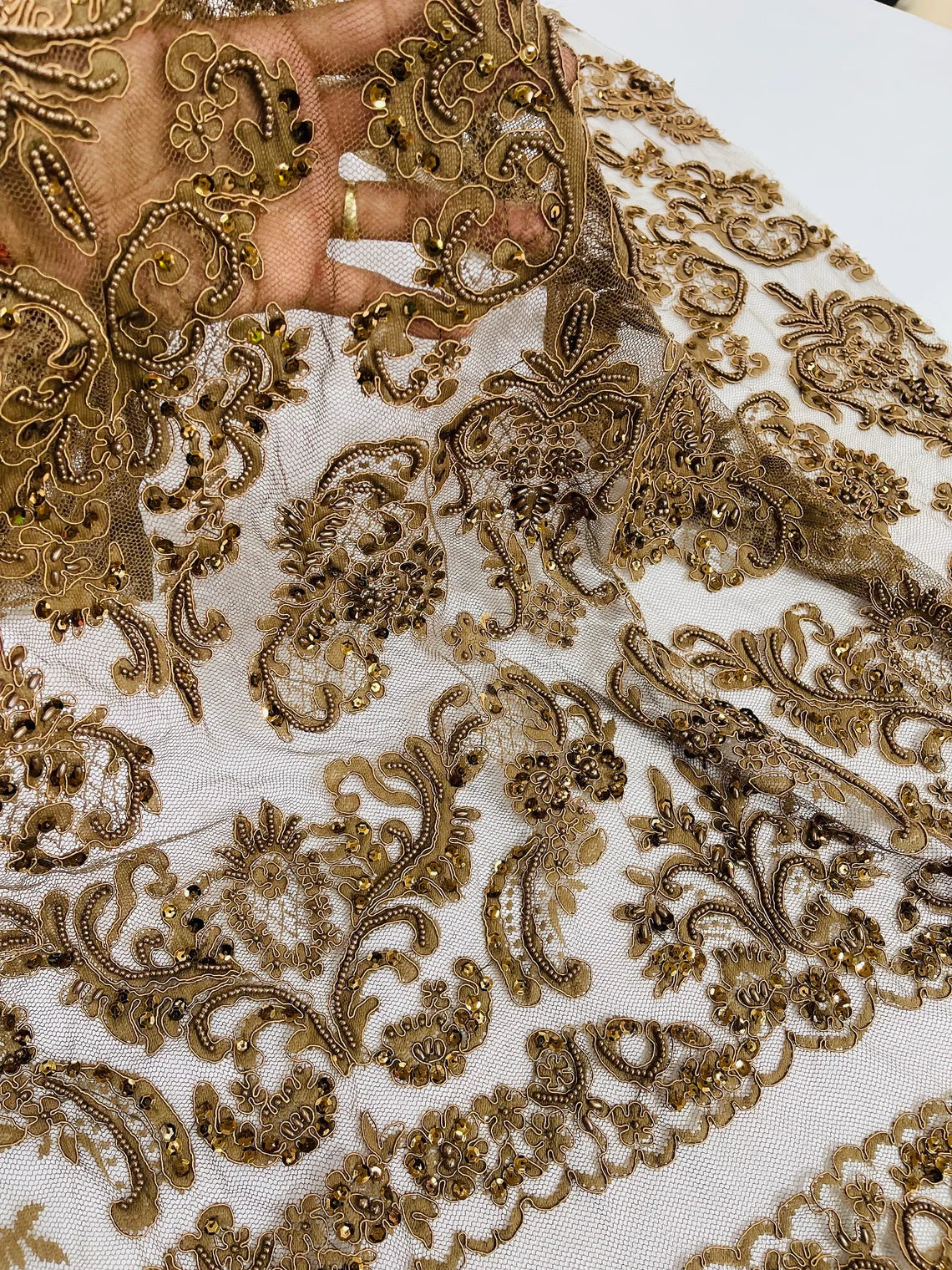 Beaded My Lady Damask Design - Brown - Beaded Fancy Damask Embroidered Fabric By Yard