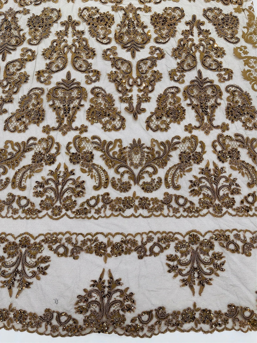Beaded My Lady Damask Design - Brown - Beaded Fancy Damask Embroidered Fabric By Yard
