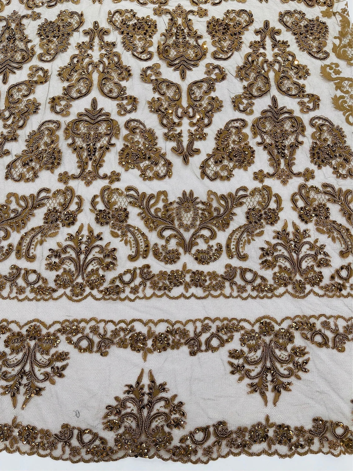 Beaded My Lady Damask Design - Brown - Beaded Fancy Damask Embroidered Fabric By Yard