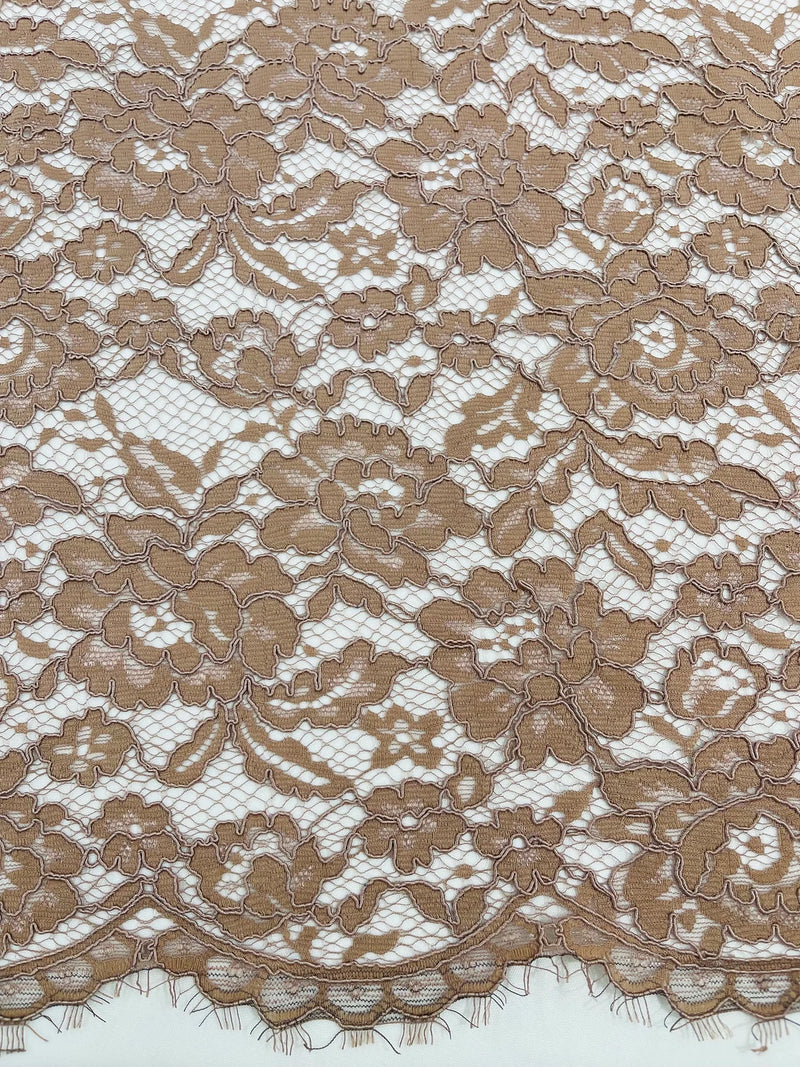Corded Lace Fabric - Brown - Embroidered Flower Design Lace Fabric Sol