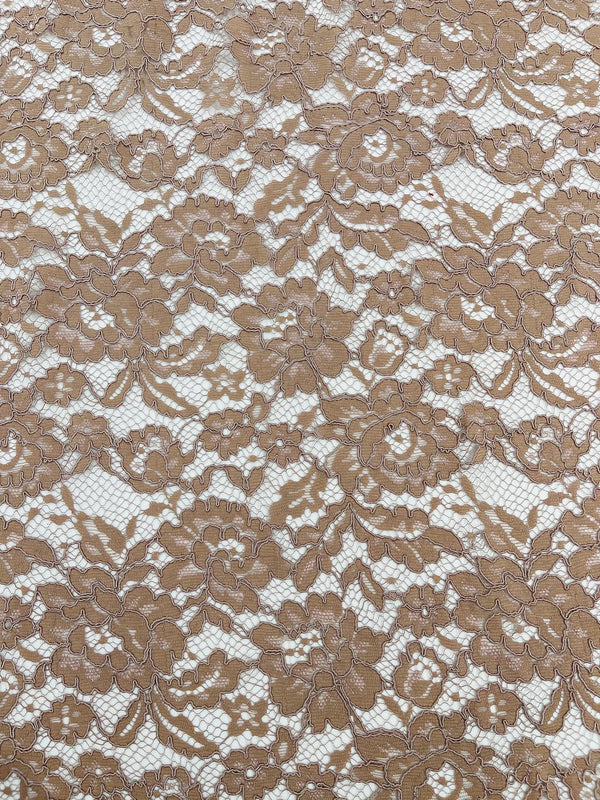 Corded Lace Fabric - Brown - Embroidered Flower Design Lace Fabric Sold By Yard