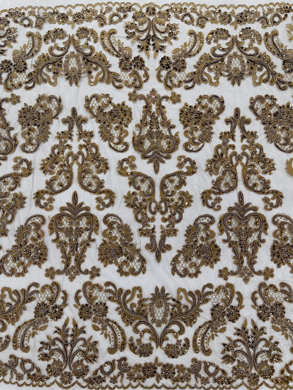 Beaded My Lady Damask Design - Brown - Beaded Fancy Damask Embroidered Fabric By Yard