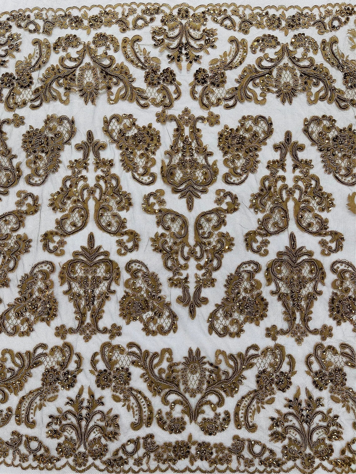 Beaded My Lady Damask Design - Brown - Beaded Fancy Damask Embroidered Fabric By Yard