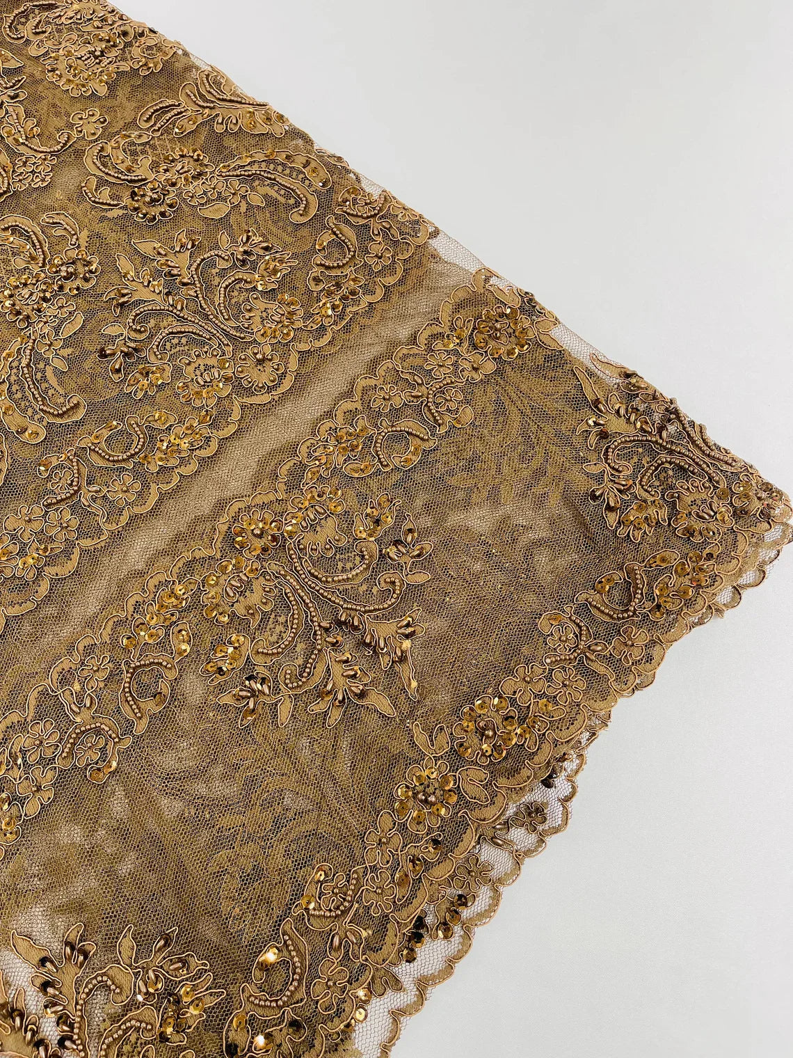 Beaded My Lady Damask Design - Brown - Beaded Fancy Damask Embroidered Fabric By Yard